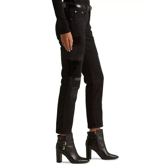 NWT Lauren Ralph Lauren Patchwork Relaxed Tapered Jean Black Wash - Picture 4 of 6